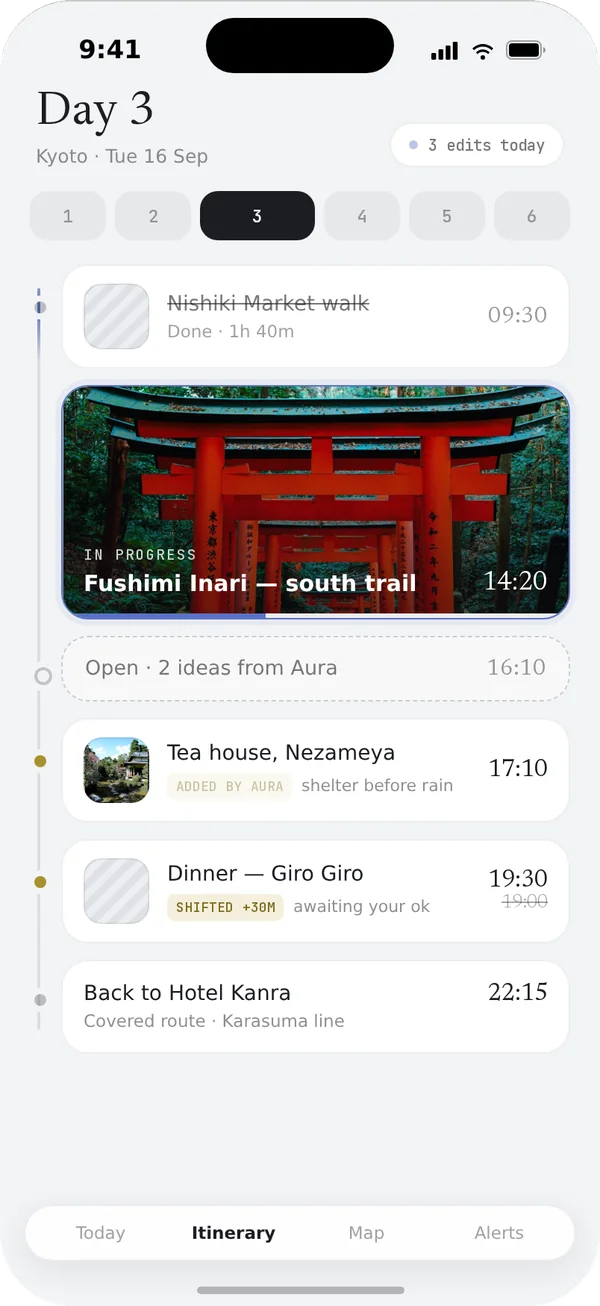 Aura Itinerary screen with edits made by Aura