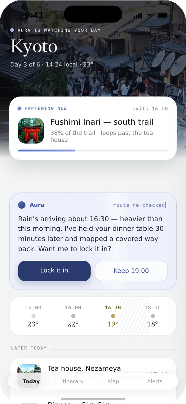 Aura Today screen: a live Kyoto day with a rain alert