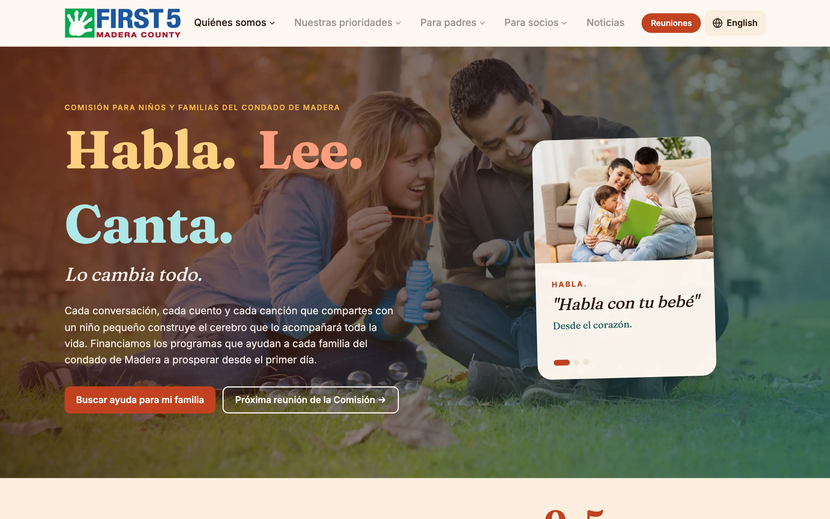 The same homepage in Spanish — Habla. Lee. Canta. — with the whole navigation, hero and body copy switched, not just a translate widget.
