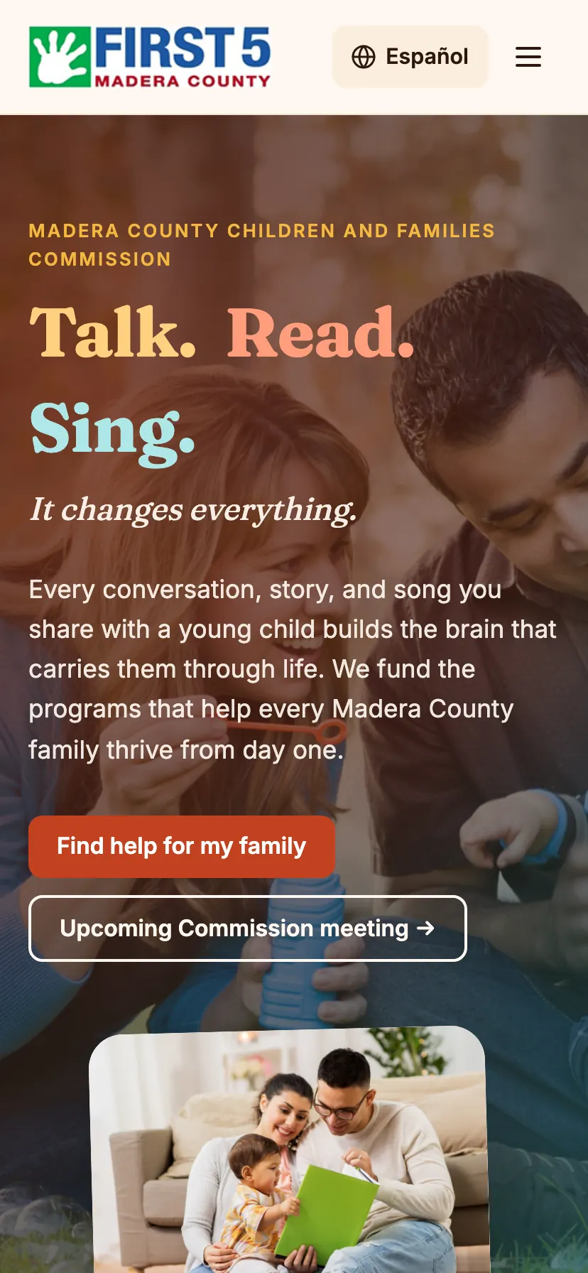 The homepage on a phone: the headline stacks, and the two primary actions sit within thumb reach above the fold.