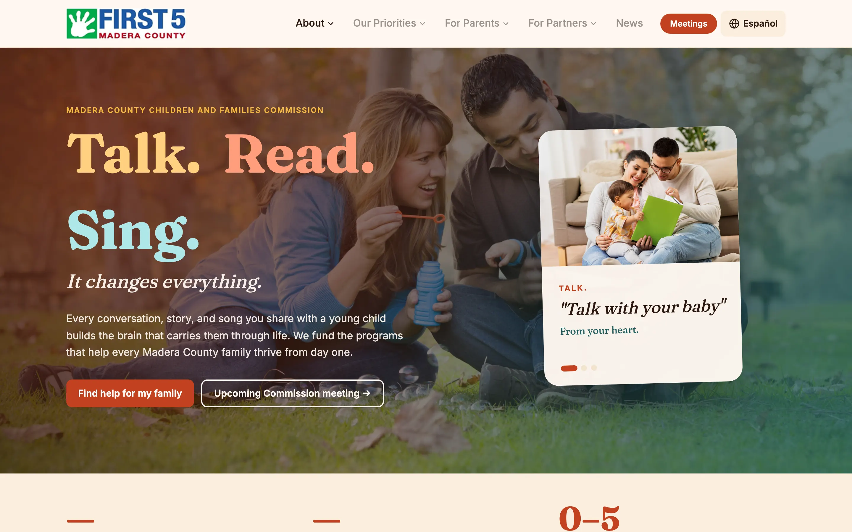 The concept homepage: a family blowing bubbles behind the words Talk. Read. Sing., with "Find help for my family" as the first action and a rotating card showing a parent reading to a baby.