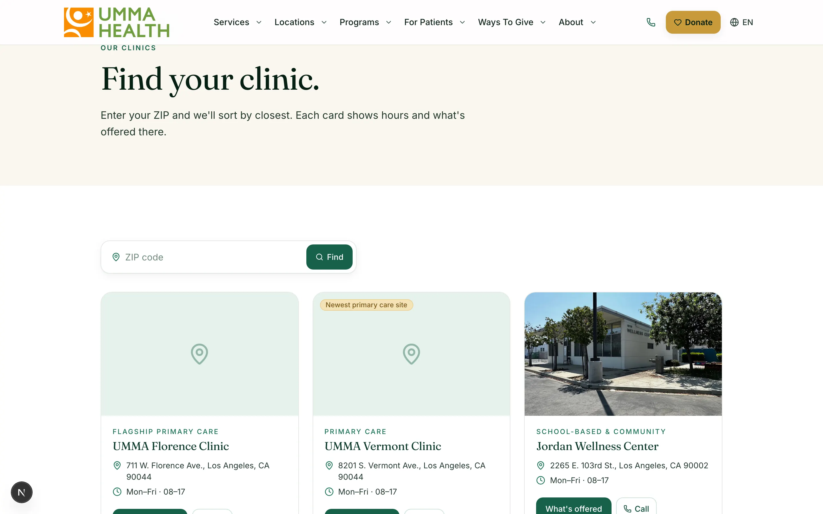 The concept clinic finder: a single ZIP field above a grid of clinic cards, each carrying its own category, hours and services.