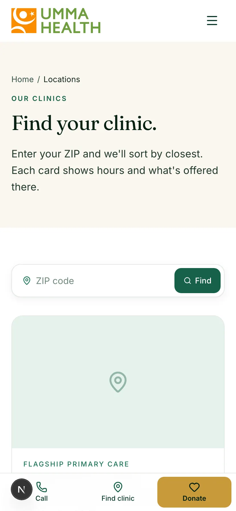 The clinic finder on a phone: the ZIP field, then one clinic card at a time with address, hours and buttons to see services or call.