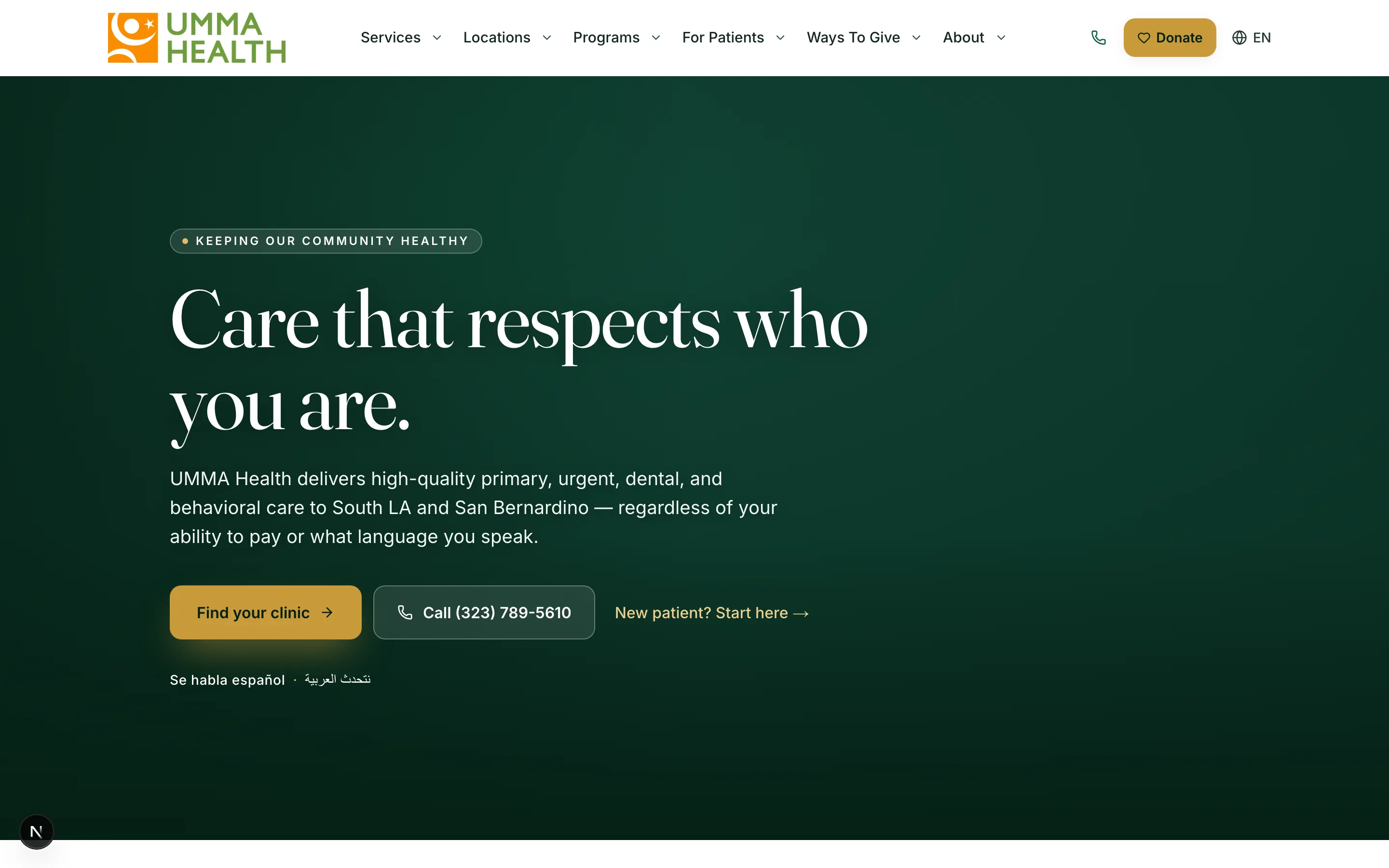 The concept homepage: the headline "Care that respects who you are", a short description of what is offered and to whom, and Find your clinic as the first action.